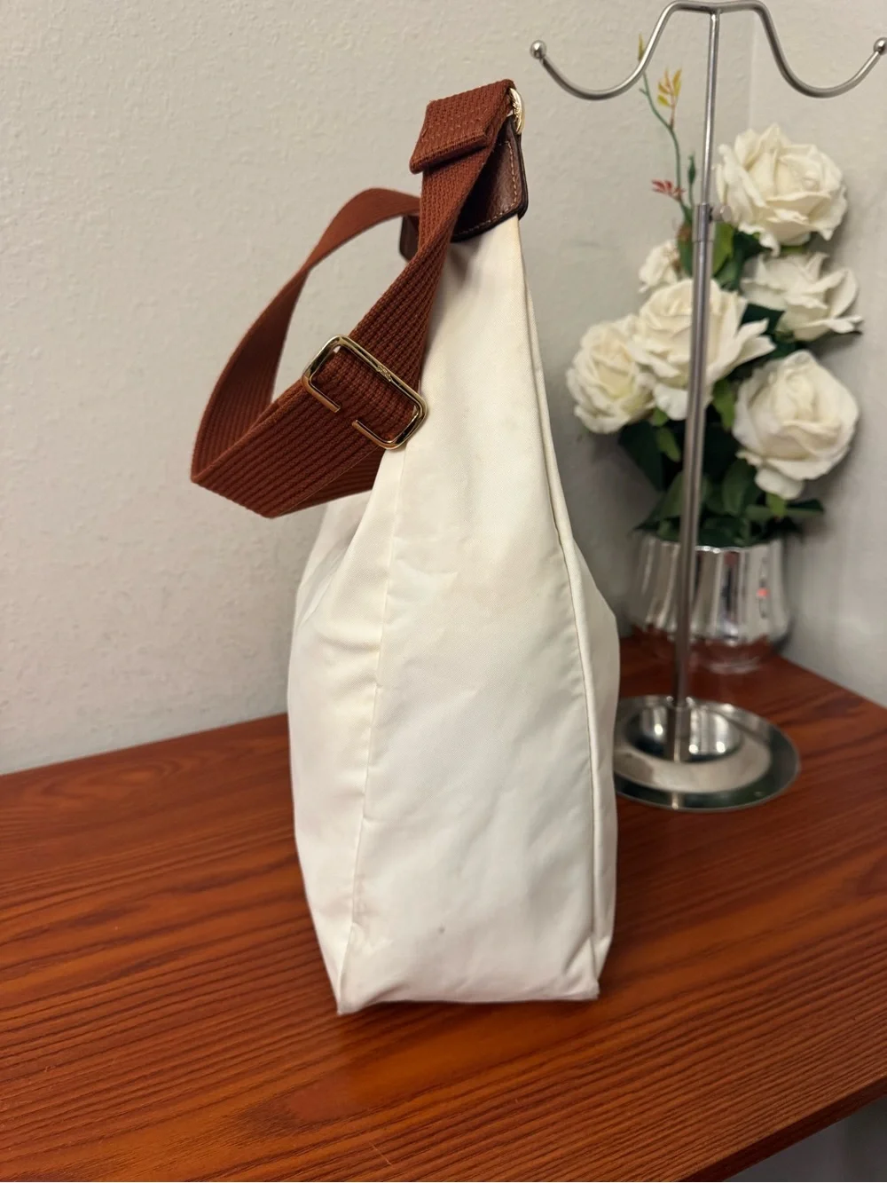Longchamp White Shoulder Bag with Brown Strap and Trim